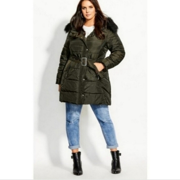 City chic Longline Puffer Jacket green(looks black) size 20 - Picture 1 of 5